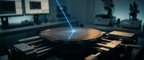 Particle sensor wafer under a focused blue laser beam on a precision stage in a lab, showing illuminated particle array and instruments
