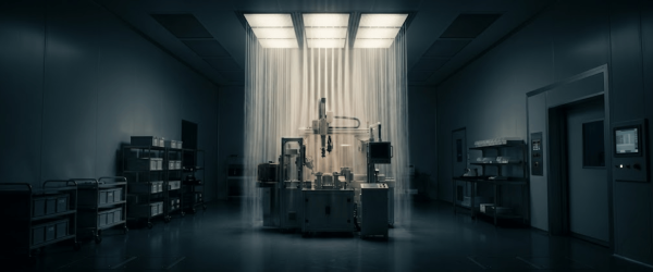 Particle-themed sterile lab with automated machinery centered under cascading light beams, shelves and carts lining the dim room