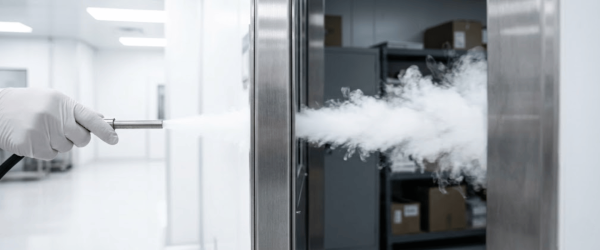 Smoke studies monitoring gloved technician injects white test smoke into a stainless chamber doorway to check airflow and containment