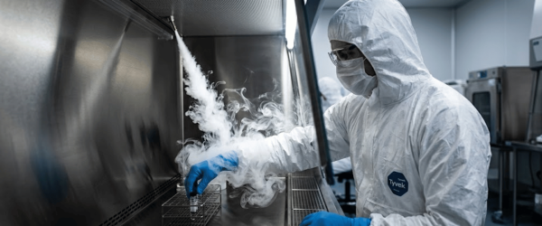 Smoke studies monitoring lab technician in full Tyvek suit and gloves handling vials as white smoke drifts inside a fume hood 