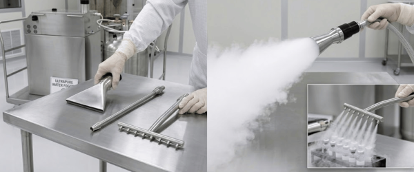Smoke studies monitoring: technician in cleanroom using fogger and stainless tools to generate and inspect smoke flow over surfaces and vials 
