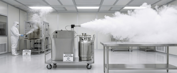 Smoke studies monitoring technician in cleanroom using ultrapurified fogger to generate dense smoke plume across stainless workbenches