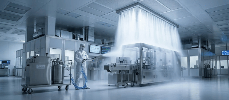Smoke studies monitoring technician in protective suit sprays disinfectant in sterile manufacturing room with machinery and mist