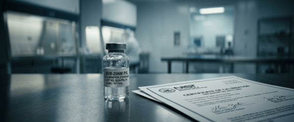 Sub-20nm PSL calibration vial and NIST certificate on a lab bench, sterile lab background with blurred technician and equipment