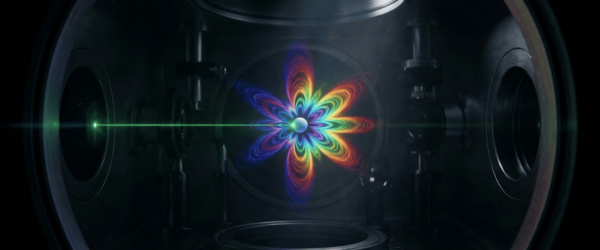 Sub-20nm PSL glowing rainbow interference pattern shaped like a flower at center of dark optical chamber with green laser beam