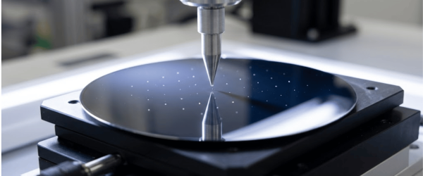 Sub-20nm PSL patterned wafer under precision probe tip for nanoscale calibration and inspection in cleanroom semiconductor testing environment 