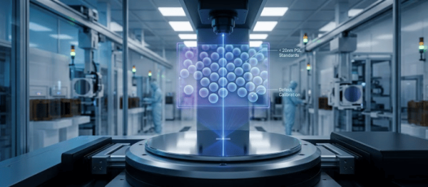 Sub-20nm PSL wafer inspection setup in cleanroom, microscope scanning nanoparticle pattern and defect calibration in semiconductor lab