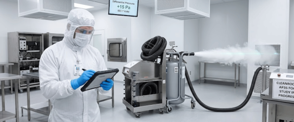 Technician in cleanroom testing AP35 fogging machine, monitoring tablet while fog fills the sterile lab for airflow validation