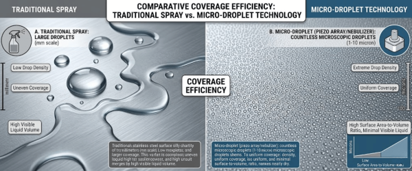 Traditional spray close-up showing large visible droplets pooling on a metal surface; Dryfog technology improves coverage efficiency