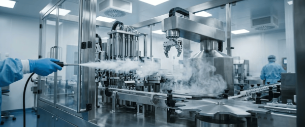 Worker sprays mist inside a sterile production line while monitoring equipment and smoke studies monitoring in a cleanroom