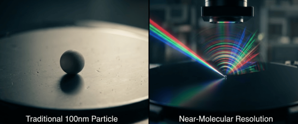 traditional 100nm particle on a metal stage; right: modern scanning system analyzing a tiny Sub-20nm PSL Spheres with rainbow diffraction patterns