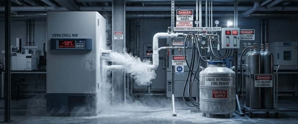 86°C Ultra-Low Temperature cryogenic storage system with liquid nitrogen tank, safety valves, and industrial lab equipment
