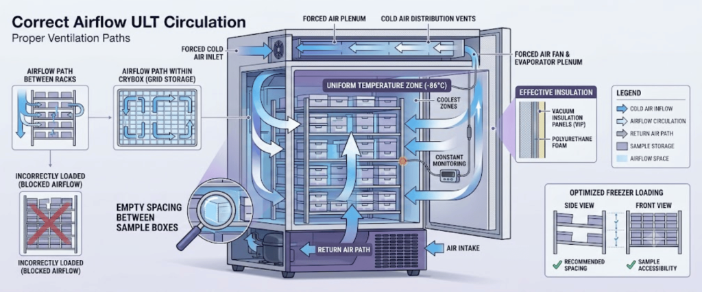 86°C Ultra-Low Temperature freezer airflow diagram showing proper ventilation, sample spacing, insulation, and cold air circulation