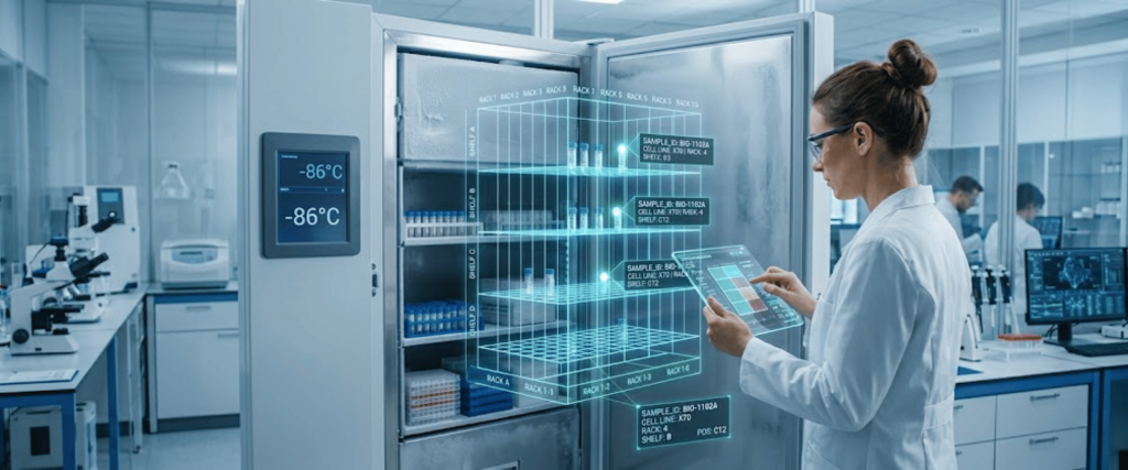 86°C Ultra-Low Temperature freezer in a lab, scientist checking samples with a digital tablet and holographic display
