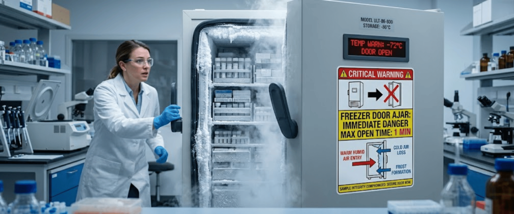 86°C Ultra-Low Temperature freezer in a laboratory with a scientist opening a frost-covered storage unit for samples