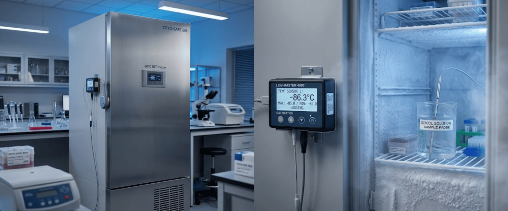 86°C Ultra-Low Temperature freezer in a laboratory with monitoring device, frozen samples, and scientific research equipment