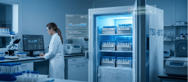 86°C Ultra-Low Temperature freezer in a laboratory with samples, a scientist, and digital monitoring displays
