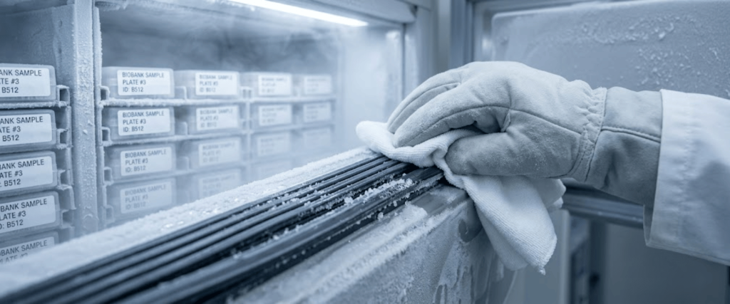 86°C Ultra-Low Temperature freezer with frosted samples, gloved hand, and cryogenic storage conditions for lab preservation