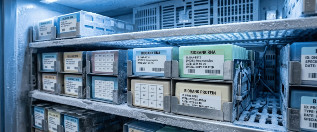 86°C Ultra-Low Temperature freezer with labeled biobank DNA, RNA, and protein samples stored on frosted shelves
