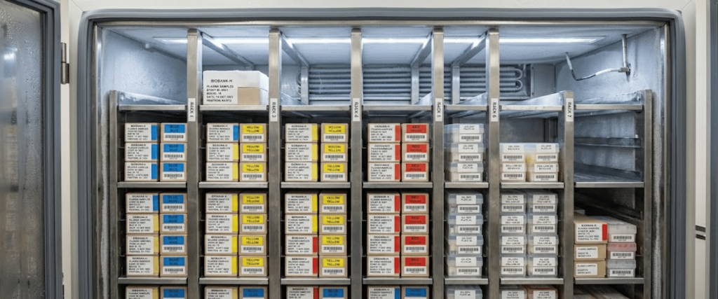 86°C Ultra-Low Temperature freezer with organized sample boxes on shelves, used for secure laboratory biobank storage