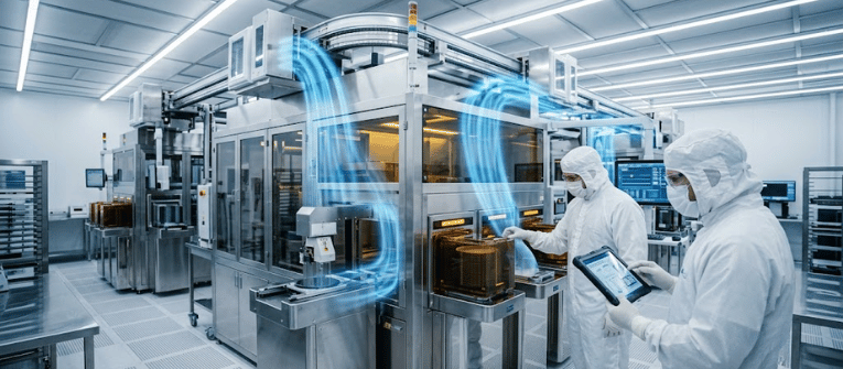 Airborne particulates controlled in a cleanroom as technicians inspect advanced manufacturing equipment