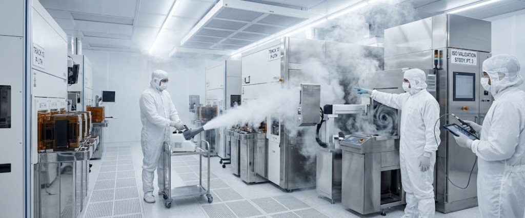 Airborne particulates in a cleanroom as technicians in protective suits sanitize equipment with visible spray and vapor