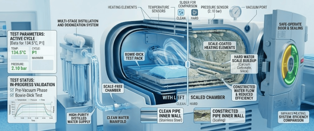 Autoclave chamber showing scale buildup, clean water flow, temperature sensors, and pressure test comparison system