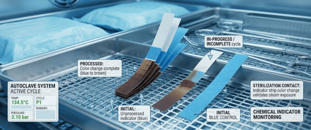 Autoclave chemical indicator strips showing processed, in-progress, and initial color changes during sterilization monitoring