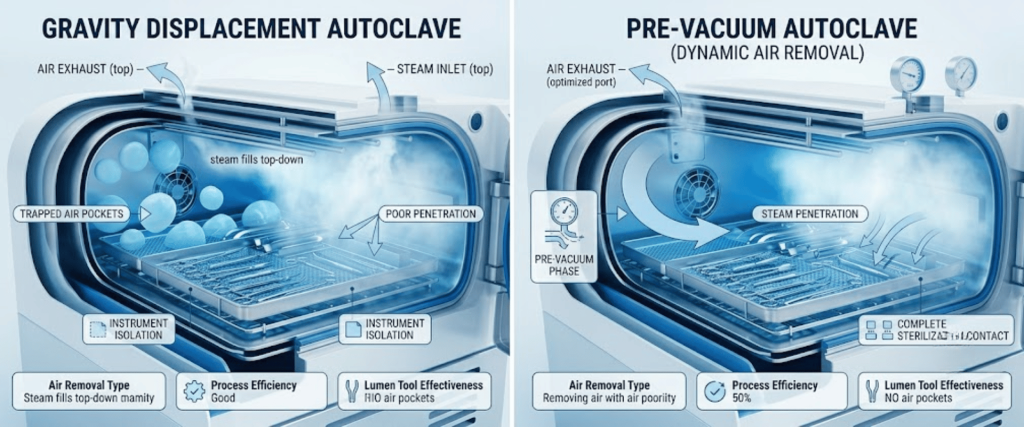 Autoclave comparison showing gravity displacement and pre-vacuum sterilization methods for instrument cleaning and air removal