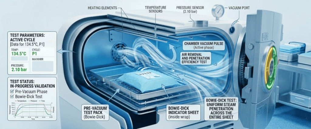 Autoclave sterilization chamber with vacuum pulse, Bowie-Dick test, temperature sensors, and pressure validation controls