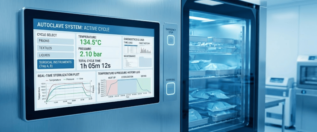 Autoclave sterilization machine with active cycle display showing temperature, pressure, and surgical instrument loading