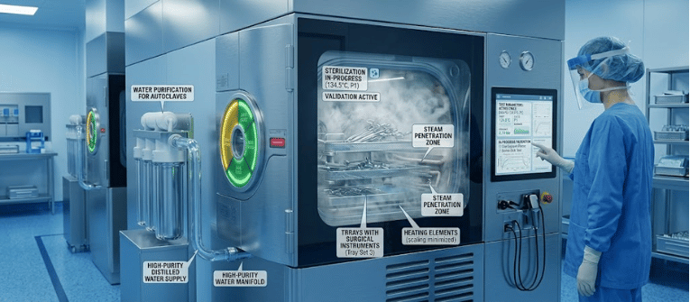 Autoclave sterilization system with water purification, steam penetration, and a technician monitoring the process