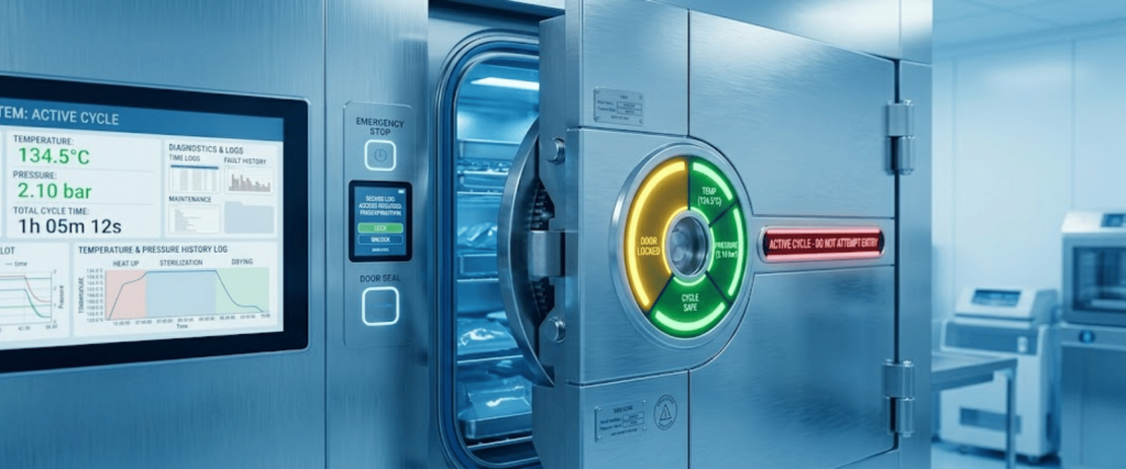 Autoclave sterilizer with digital control panel, active cycle display, and stainless steel medical chamber in a modern lab