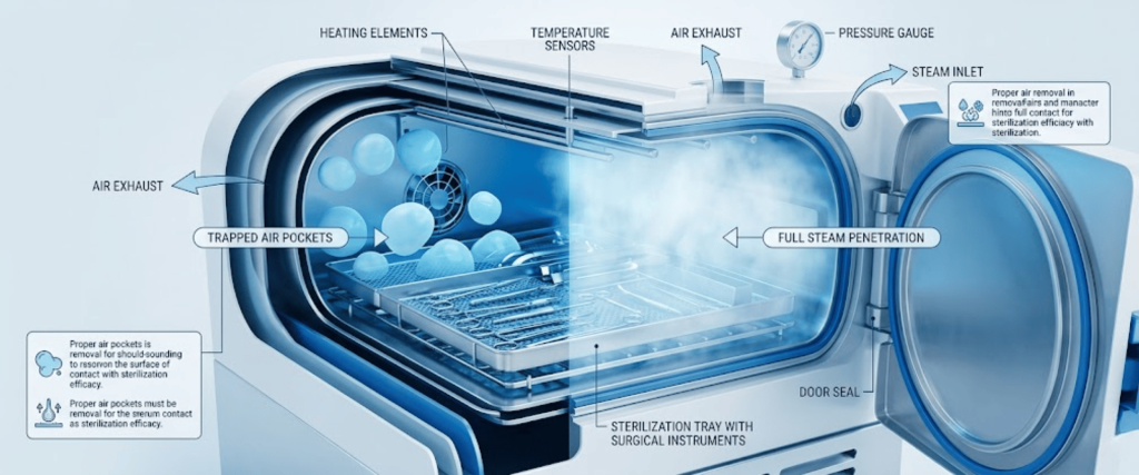 Autoclave sterilizer with steam penetration, pressure gauge, heating elements, and surgical instruments inside the chamber