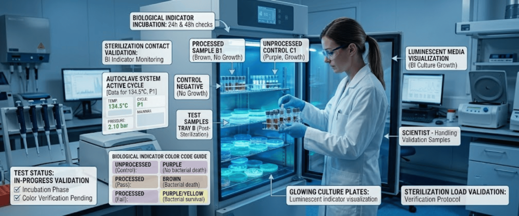 Autoclave validation in a lab, scientist handling samples with biological indicator plates and sterilization test results