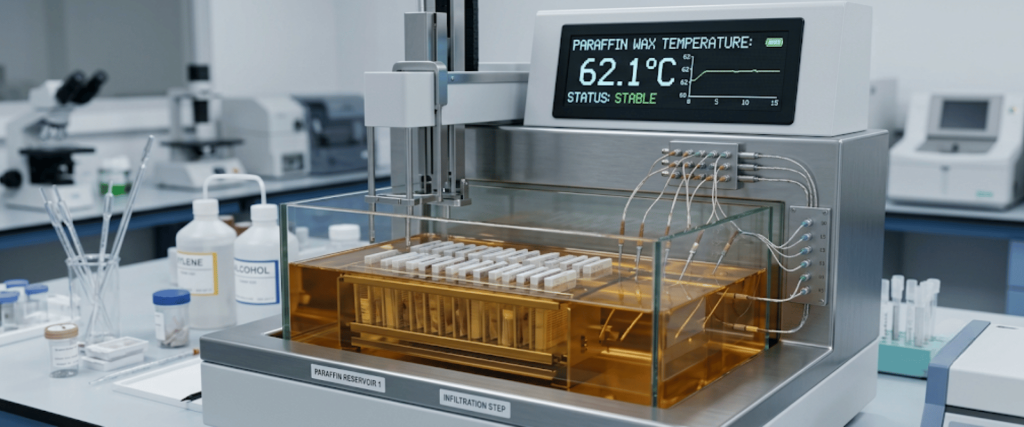 Automated Tissue Processor in a laboratory, showing paraffin wax temperature control, tissue samples, and infusion setup