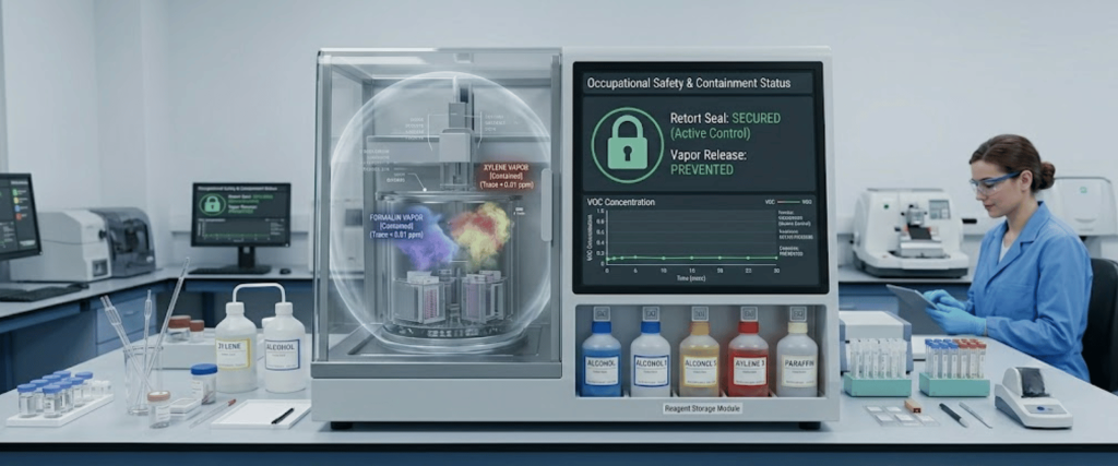 Automated Tissue Processor in a laboratory with safety display, reagent bottles, and technician operating the system