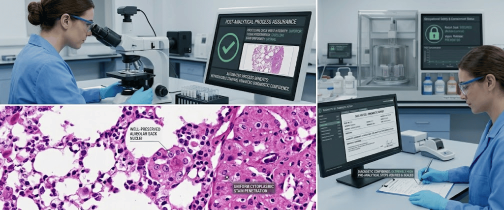 Automated Tissue Processor in a laboratory workflow showing microscope analysis, digital monitors, and pathology tissue samples