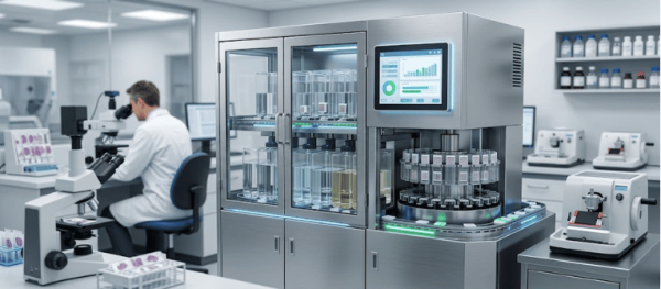 Automated Tissue Processor in a modern lab with microscopes, stained slides, and a technician working in the background