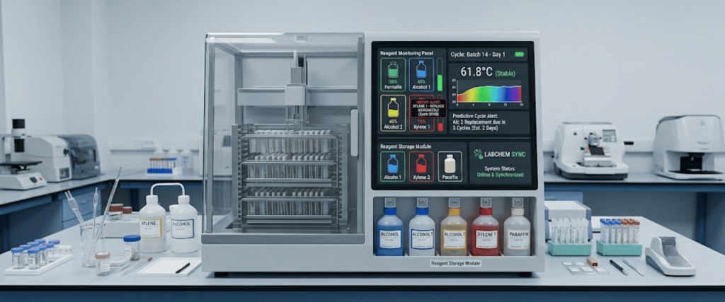 Automated Tissue Processor in modern lab with reagent monitoring screen, sample racks, and chemical storage bottles