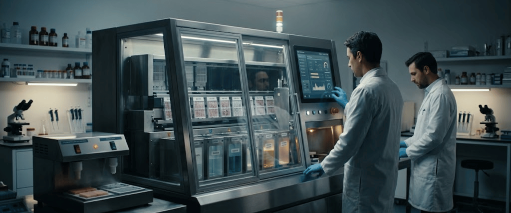 Automated Tissue Processor in modern lab with scientists operating advanced tissue sample processing equipment