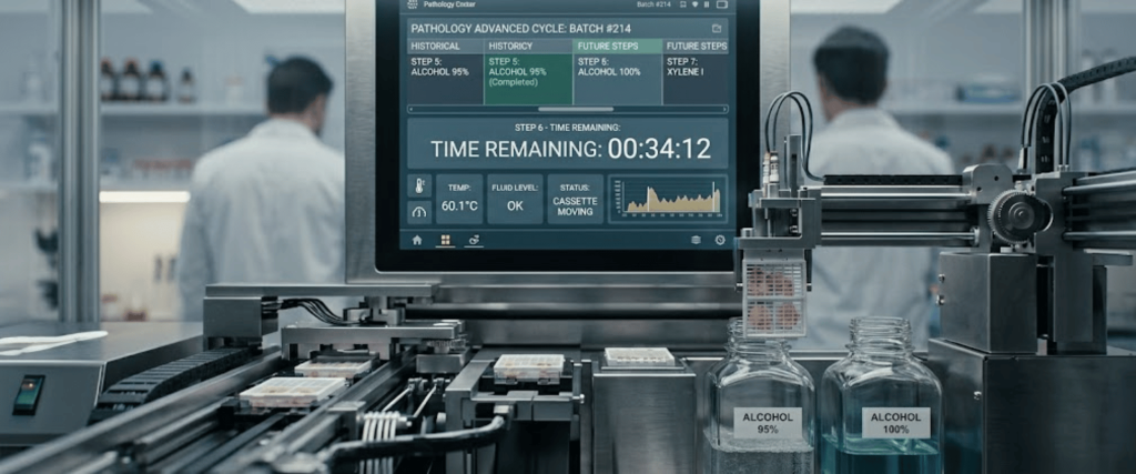 Automated Tissue Processor in pathology lab with advanced cycle monitoring and sample handling system