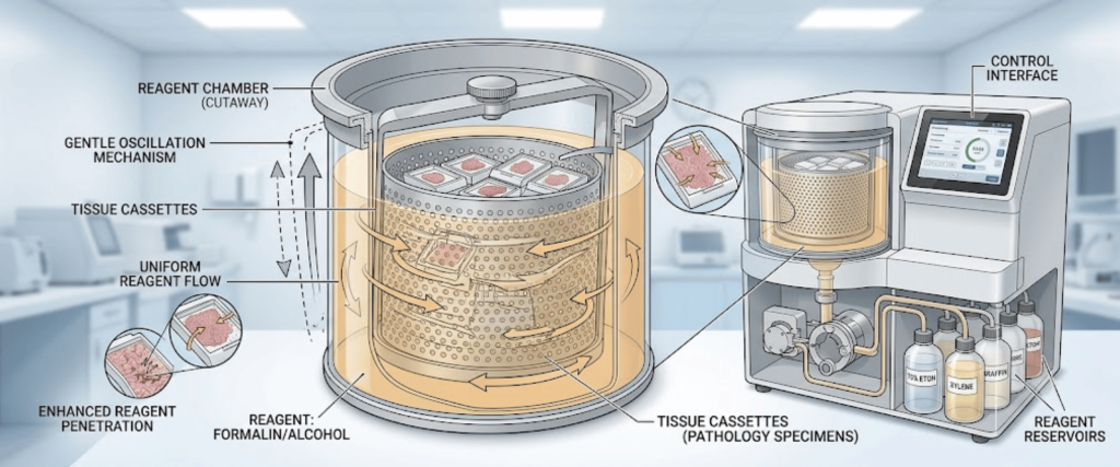 Automated Tissue Processor showing tissue cassettes, reagent chambers, and control interface for pathology sample processing
