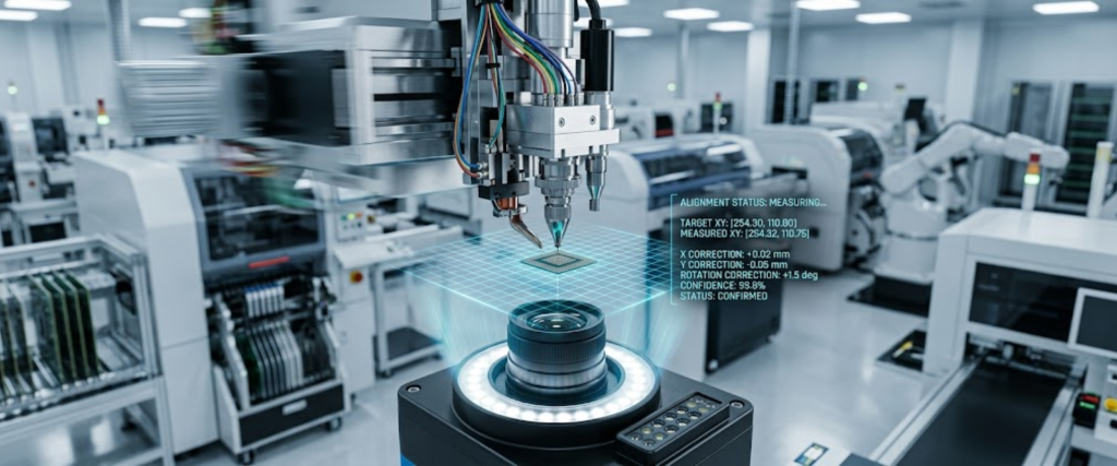 Automatic Chip Mounters in a modern factory, placing electronic components with precision using robotic mounting technology