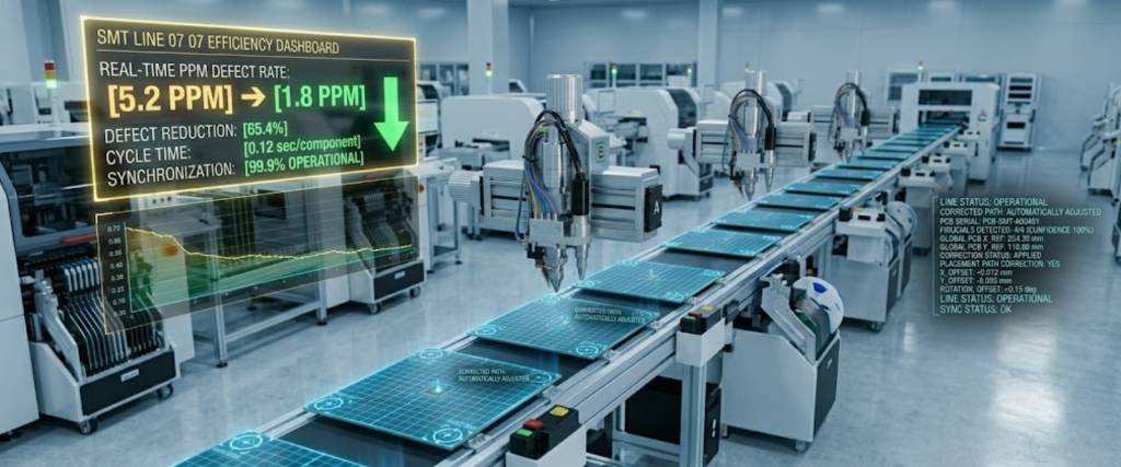 Automatic Chip Mounters in a smart factory assembly line with AI dashboard, precision inspection, and fast SMT production
