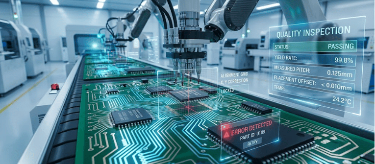 Automatic Chip Mounters inspecting circuit boards on a precision assembly line with robotic arms and quality control