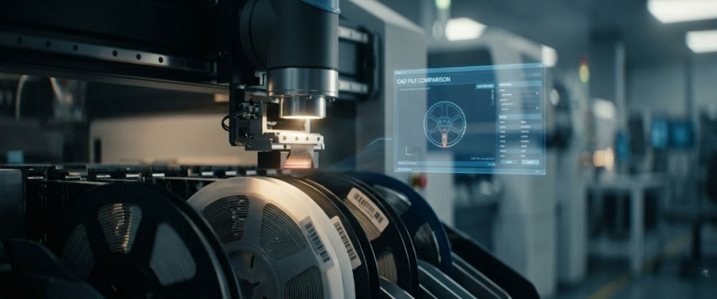 Automatic Chip Mounters loading chip reels in a factory line with CAD file comparison screen for precision assembly