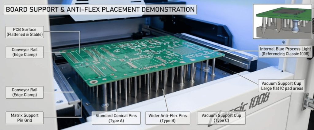 Automatic SMT Stencil Printer board support demo with PCB, vacuum cups, and anti-flex pins for stable placement