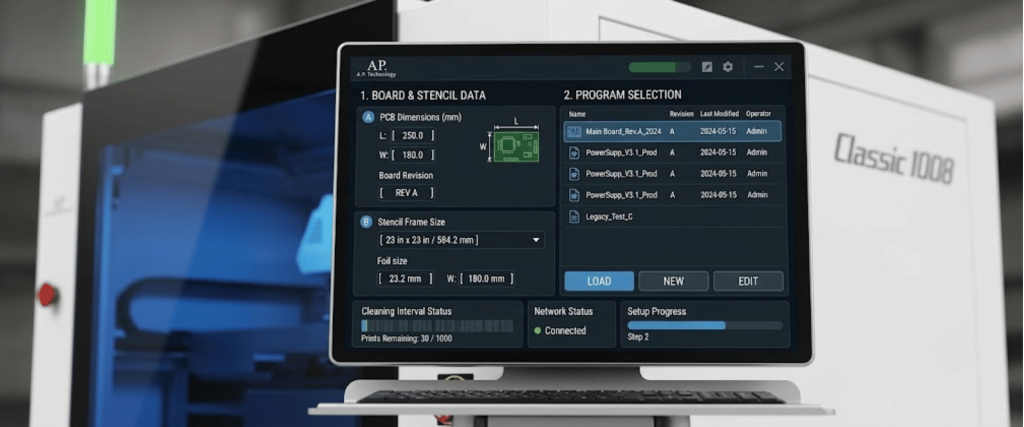 Automatic SMT Stencil Printer control screen showing stencil data, program selection, and setup progress for PCB printing