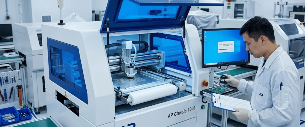 Automatic SMT Stencil Printer in a clean electronics factory, used for precise PCB printing and quality inspection